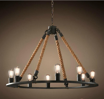 Creative Bamboo Vintage Lighting Hemp Rope Handmade Hanging Iron Fitting Pendant Light E27 Led Restaurant Chandelier